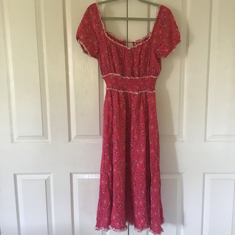 Vintage Betsey Johnson Coral Pink Floral Midi Dress with Trim